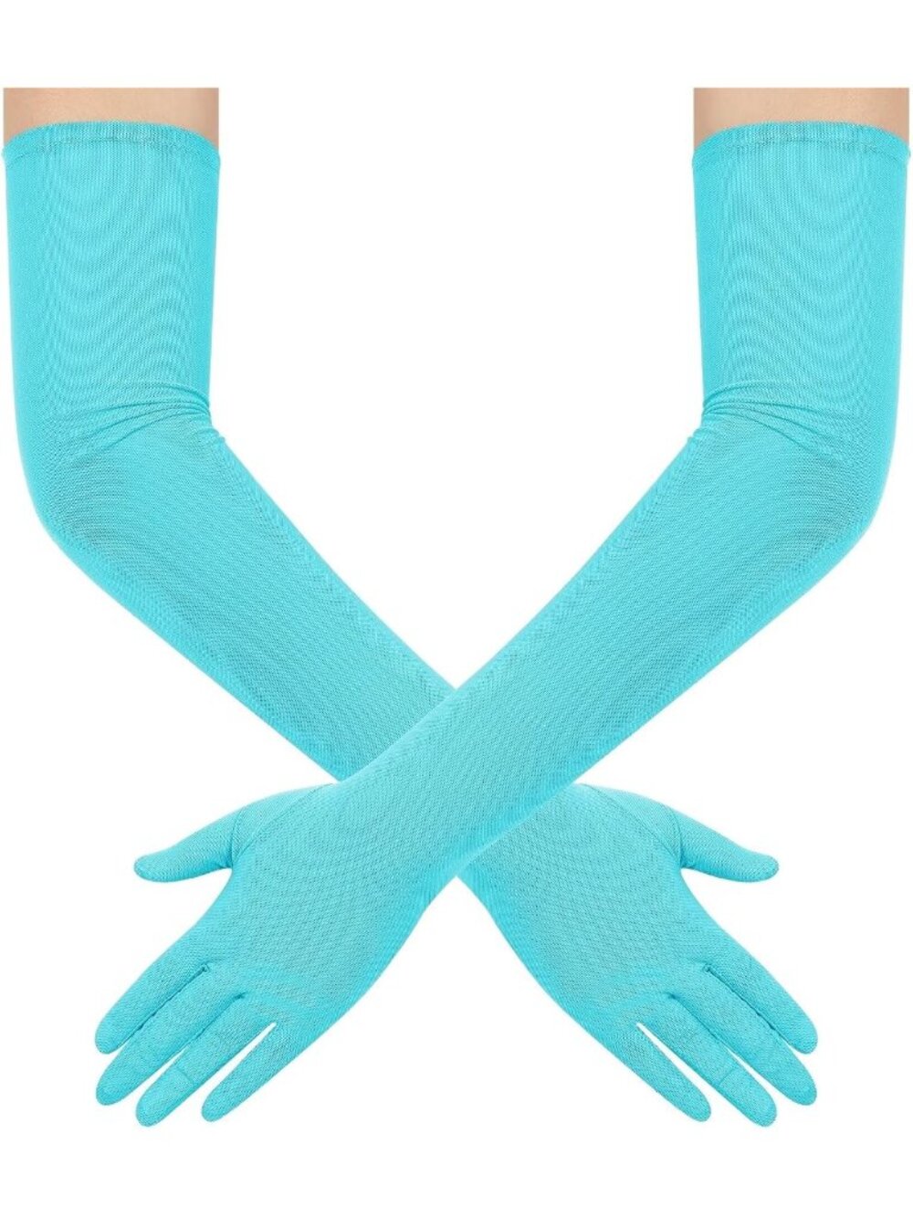 Women Sky Blue Long Mesh Tulle Sheer 1920's Halloween Costume Opera Party Gloves